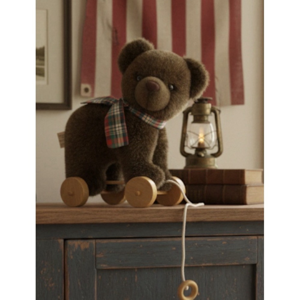 Vtg Nostalgic Plush Bear On Wood Wheels Pull Toy Plaid Bow Classic Americana